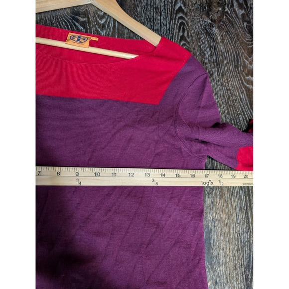 Tory Burch Sweater Womens XL Purple Red Colorblock Short Sleeve Wool Blend Knit - Picture 8 of 9